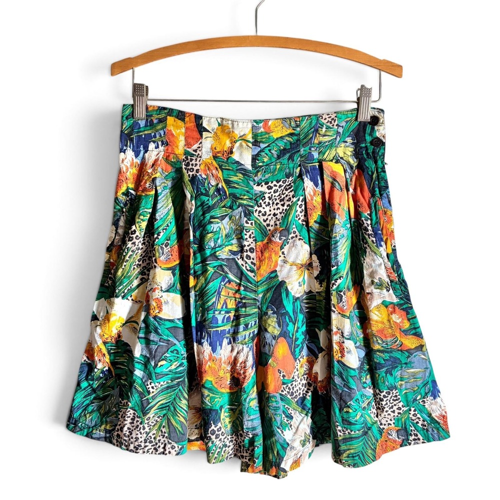 Vintage 80s Tropical Print Cotton Shorts High Waisted Medium